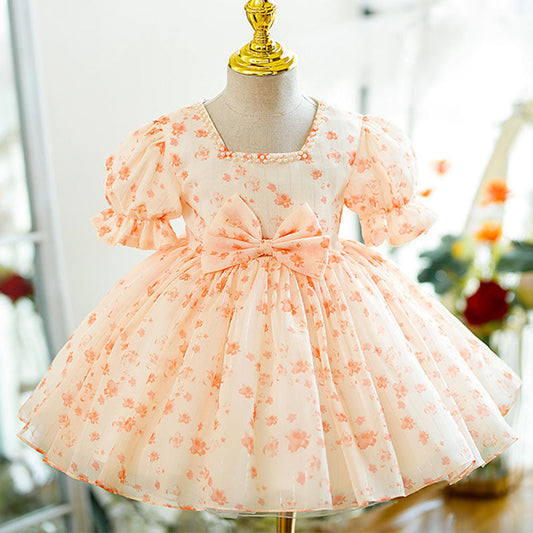 Orange Princess Flower Girl Dress Beaded Bow Puff Sleeve Tea