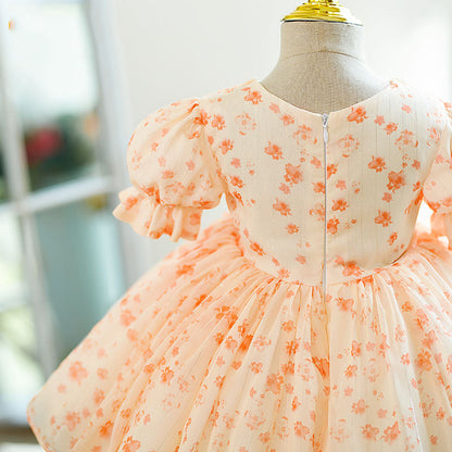 Orange Princess Flower Girl Dress Beaded Bow Puff Sleeve Tea