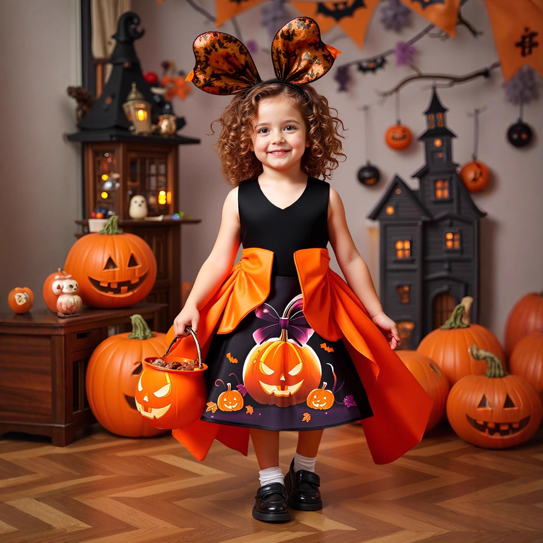 Girls' Orange Pumpkin Print Satin A-line Dress - Tea Length Party Outfit