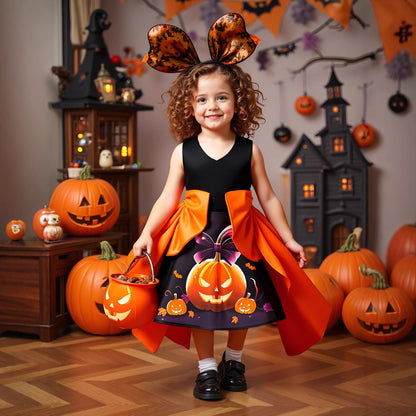 Girls' Orange Pumpkin Print Satin A-line Dress - Tea Length Party Outfit