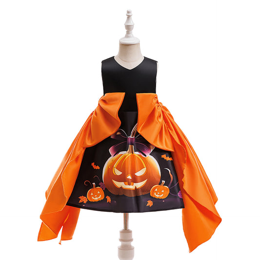 Girls' Orange Pumpkin Print Satin A-line Dress - Tea Length Party Outfit