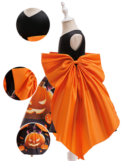 Girls' Orange Pumpkin Print Satin A-line Dress - Tea Length Party Outfit