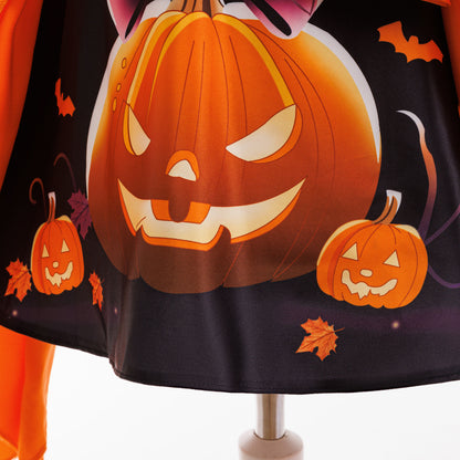 Girls' Orange Pumpkin Print Satin A-line Dress - Tea Length Party Outfit