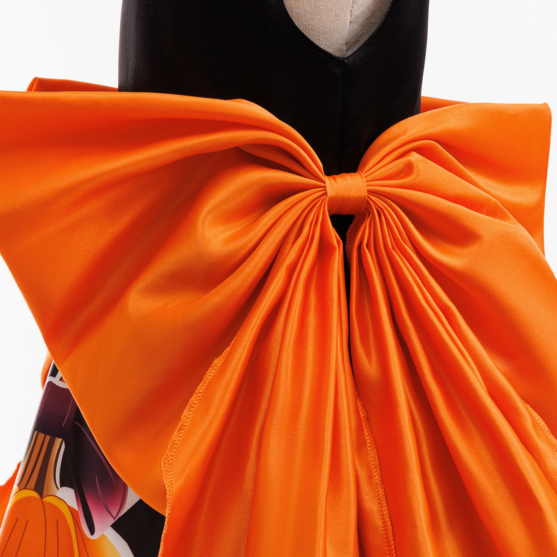 Girls' Orange Pumpkin Print Satin A-line Dress - Tea Length Party Outfit