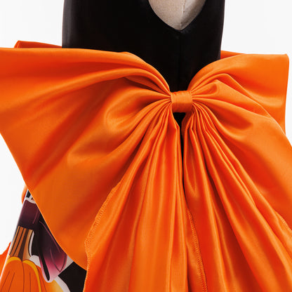 Girls' Orange Pumpkin Print Satin A-line Dress - Tea Length Party Outfit