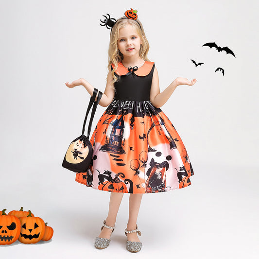 Orange A-Line Tea Length Ruffle Dress for Girls, Sleeveless Party Outfit