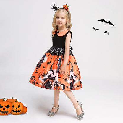 Orange A-Line Tea Length Ruffle Dress for Girls, Sleeveless Party Outfit
