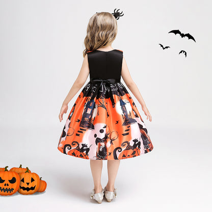 Orange A-Line Tea Length Ruffle Dress for Girls, Sleeveless Party Outfit