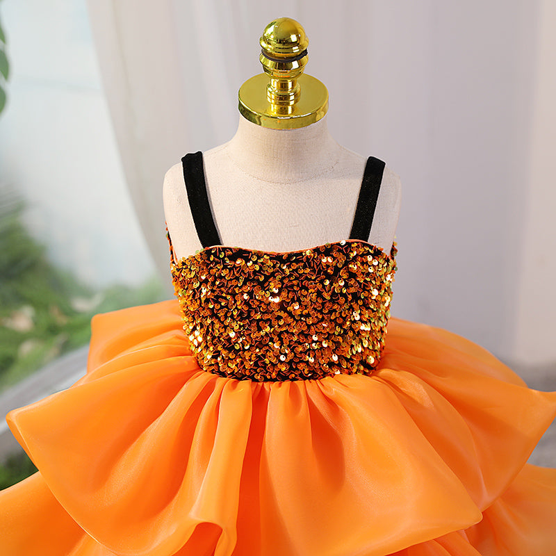 Orange Sequin Flower Girl Dress - A-Line, Bow, Knee Length Mia Princess Orange Sequin Flower Girl Dress - A-Line, Bow, Knee Length Mia Princess