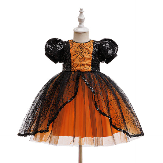 Orange Sequin Princess Dress for Girls – Tea Length Bubble Sleeve Party Gown