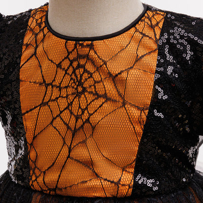 Orange Sequin Princess Dress for Girls – Tea Length Bubble Sleeve Party Gown