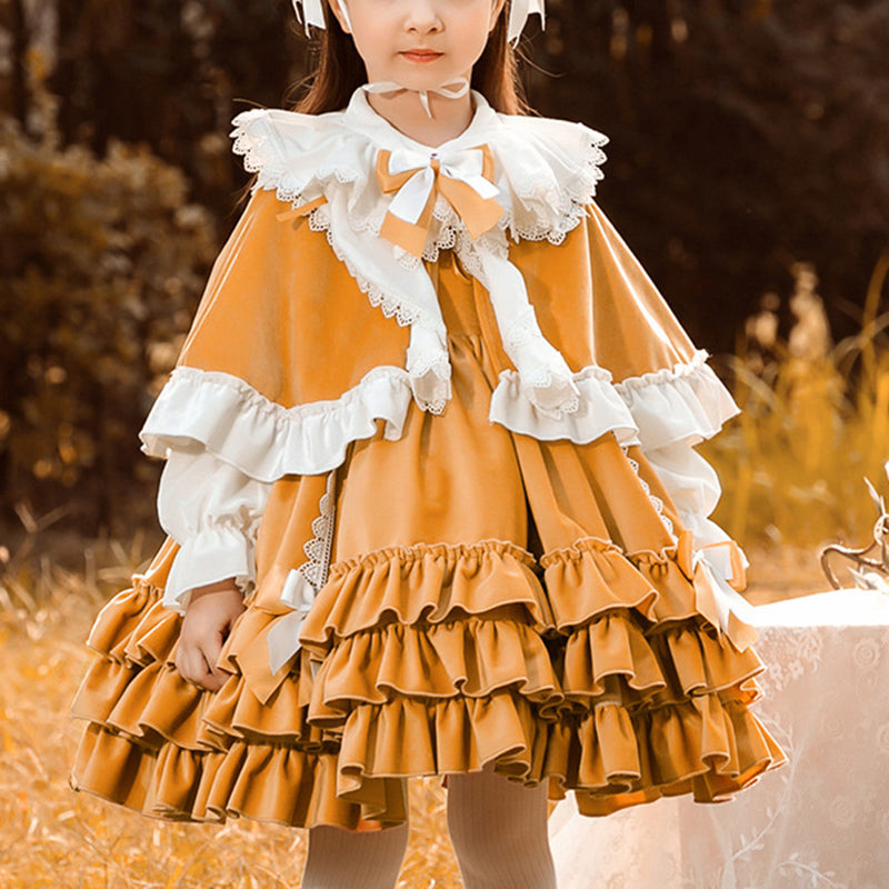 Orange Velvet Flower Girl Dress: Lace & Ruffles Long Sleeve