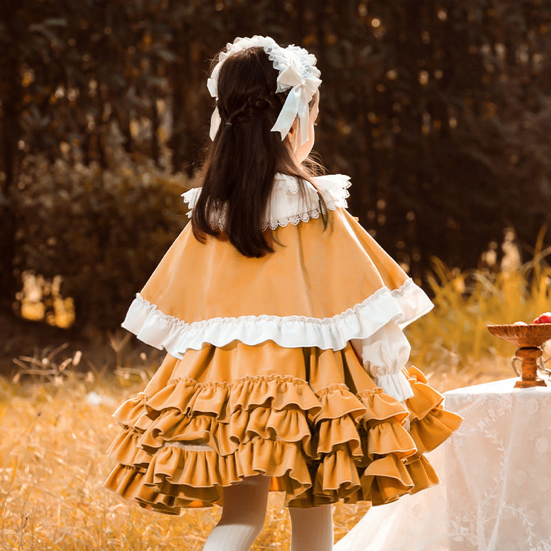 Orange Velvet Flower Girl Dress: Lace & Ruffles Long Sleeve