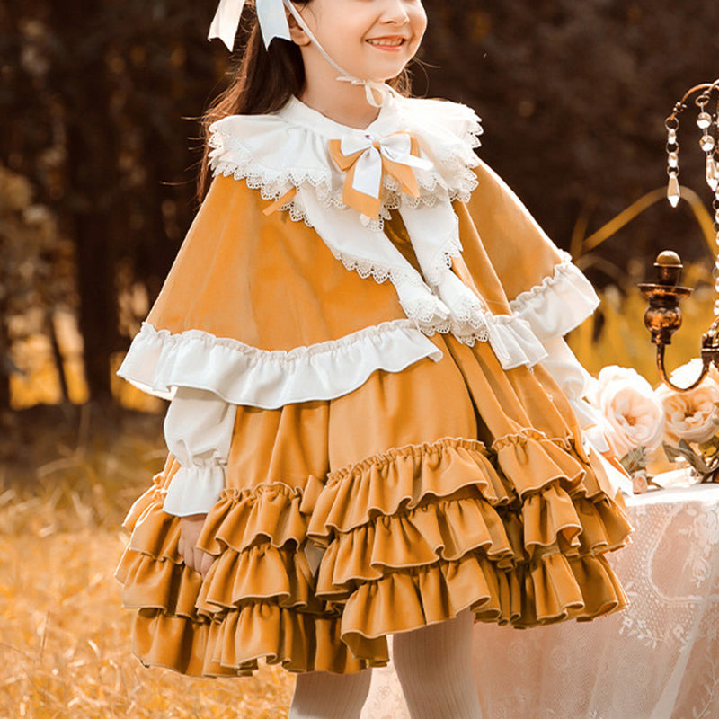 Orange Velvet Flower Girl Dress: Lace & Ruffles Long Sleeve