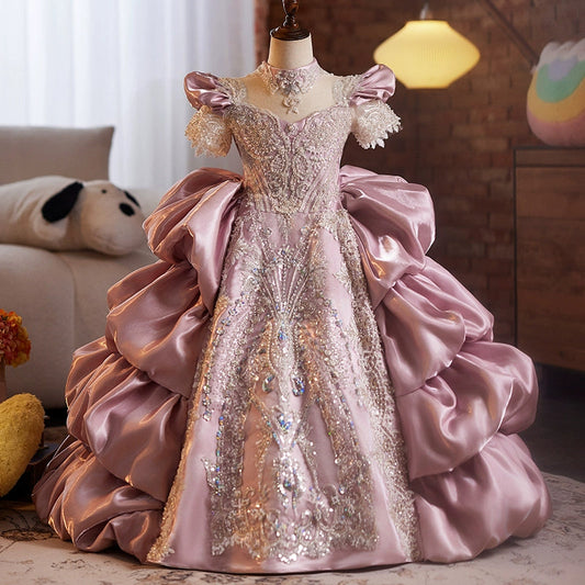 Pink & Purple A-Line Flower Girl Dress with Lace & Ruffles