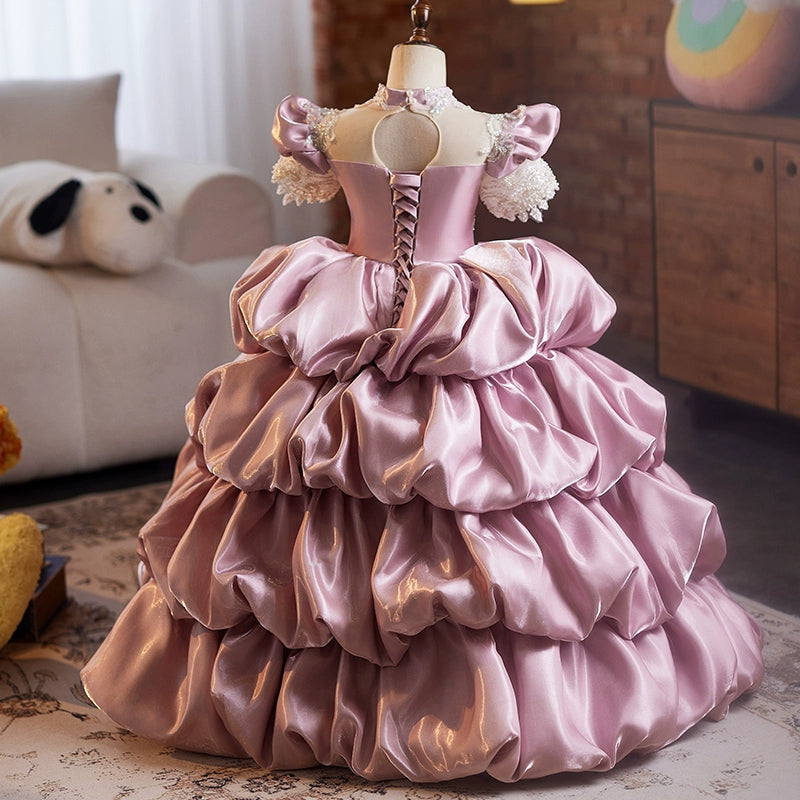 Pink & Purple A-Line Flower Girl Dress with Lace & Ruffles