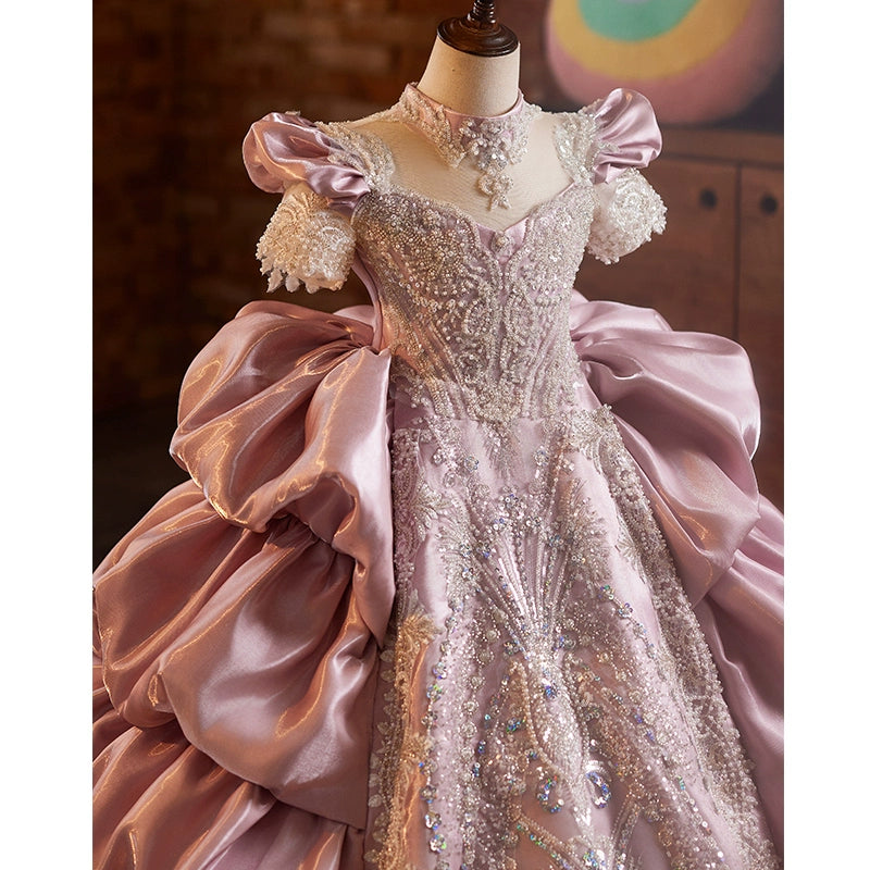 Pink & Purple A-Line Flower Girl Dress with Lace & Ruffles