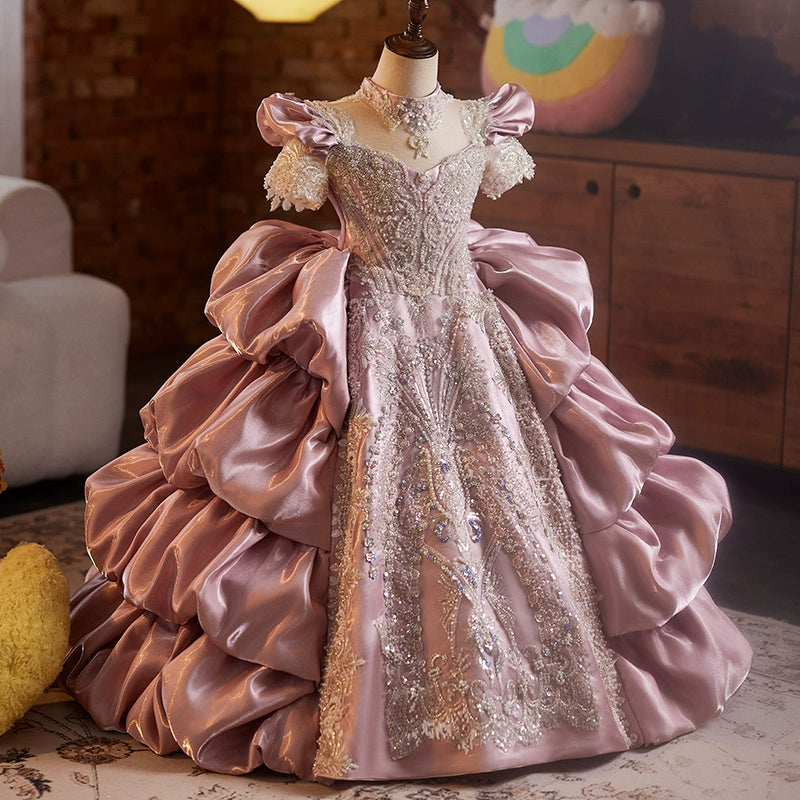 Pink & Purple A-Line Flower Girl Dress with Lace & Ruffles