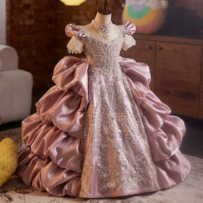 Pink & Purple A-Line Flower Girl Dress with Lace & Ruffles