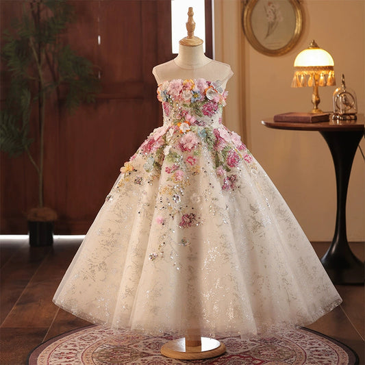 Pink & White A-Line Flower Girl Dress with Lace & Flowers