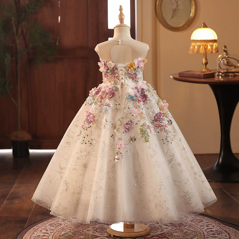Pink & White A-Line Flower Girl Dress with Lace & Flowers