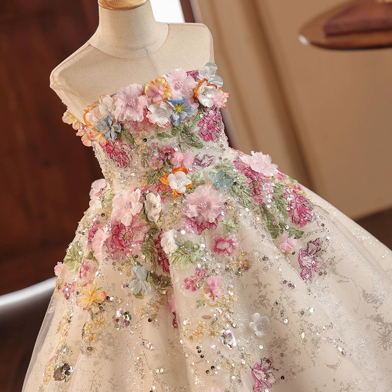 Pink & White A-Line Flower Girl Dress with Lace & Flowers