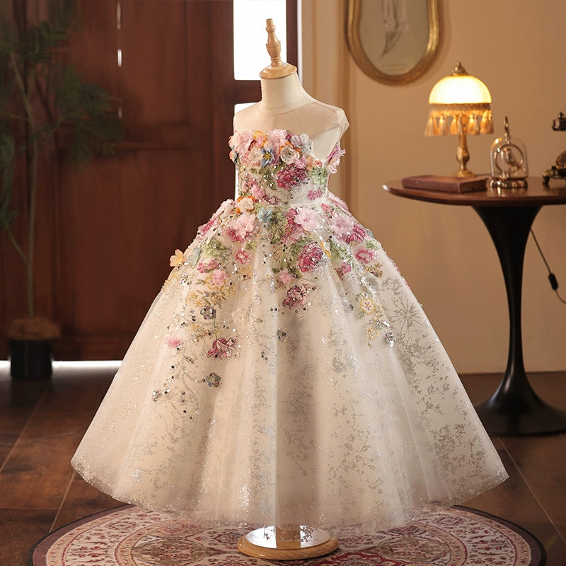 Pink & White A-Line Flower Girl Dress with Lace & Flowers