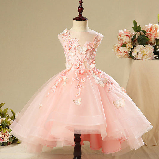 Pink A-line Floor-Length Flower Girl Dress with Lace and Flowers