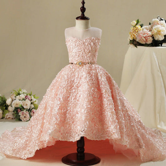 Pink A-Line Floor-Length Lace Flower Girl Dress