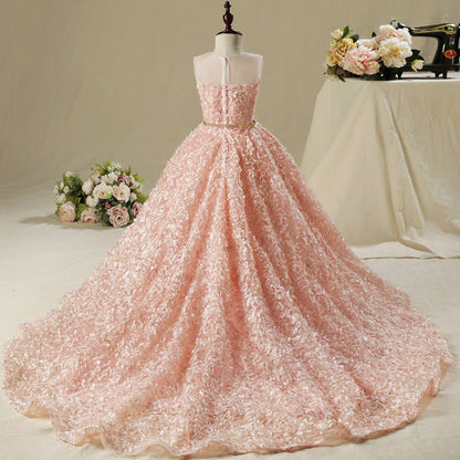 Pink A-Line Floor-Length Lace Flower Girl Dress