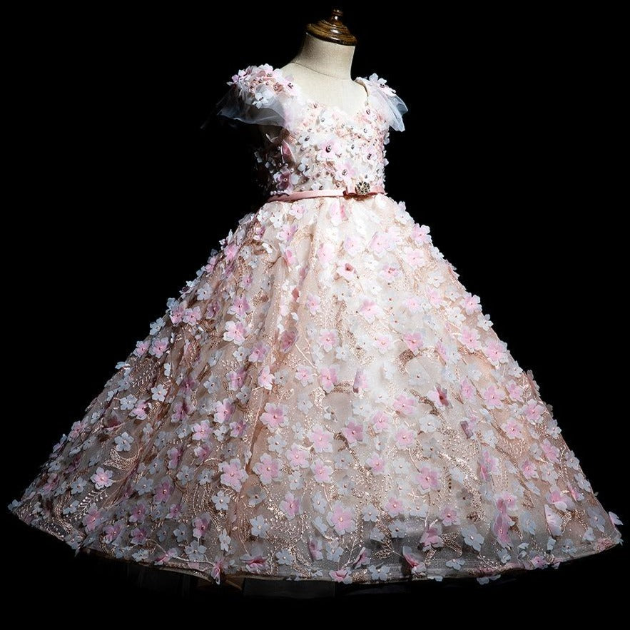 Pink A-Line Floor-Length Lace Flower Girl Dress