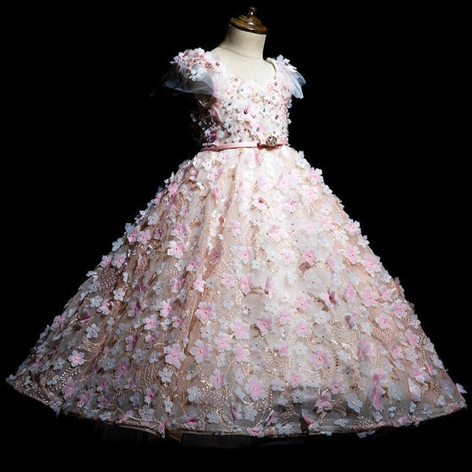 Pink A-Line Floor-Length Lace Flower Girl Dress