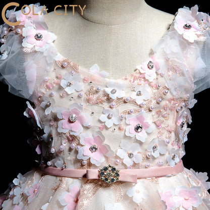 Pink A-Line Floor-Length Lace Flower Girl Dress