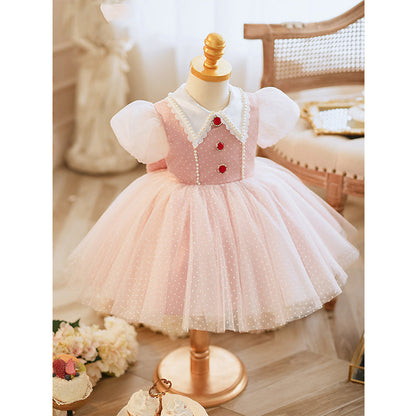 Pink A-Line Flower Girl Dress - Collared, Polka Dot Tulle