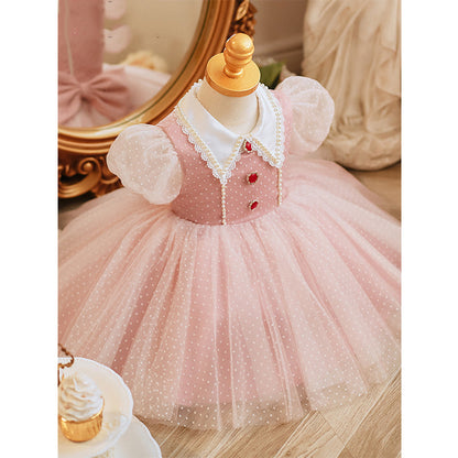 Pink A-Line Flower Girl Dress - Collared, Polka Dot Tulle