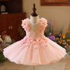 Pink A-Line Flower Girl Dress with Beaded Flowers & Tulle