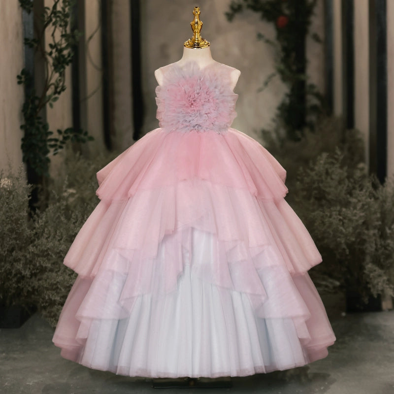 Pink A-line Flower Girl Dress with Flowers & Ruffles