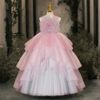 Pink A-line Flower Girl Dress with Flowers & Ruffles