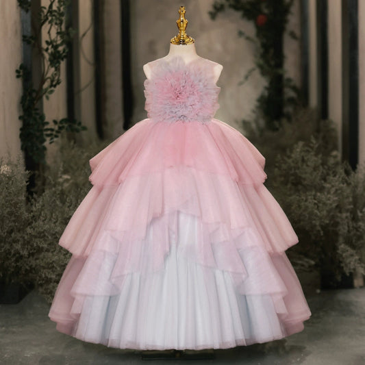 Pink A-line Flower Girl Dress with Flowers & Ruffles