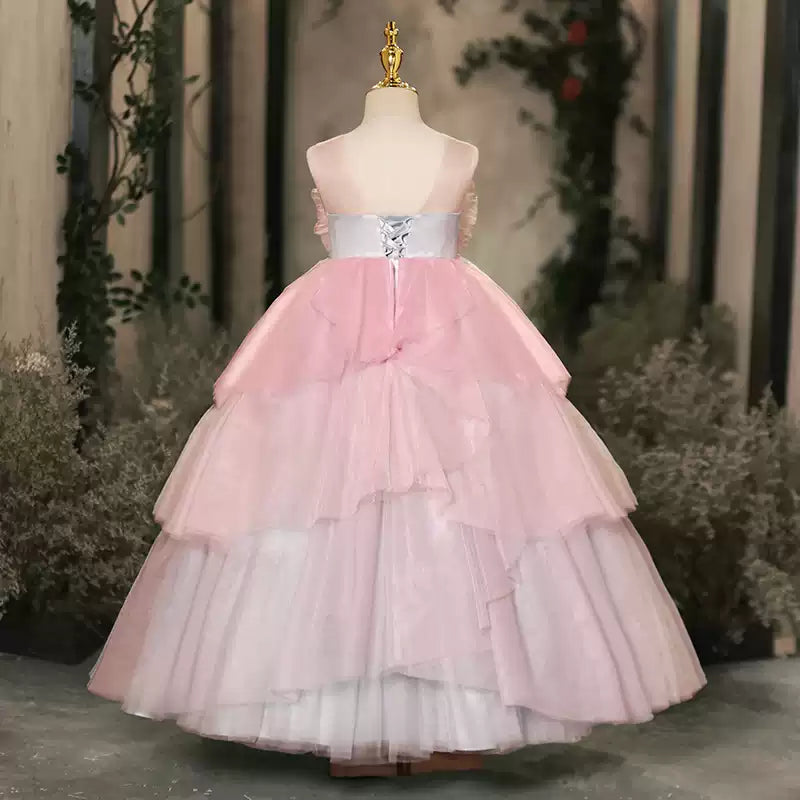 Pink A-line Flower Girl Dress with Flowers & Ruffles