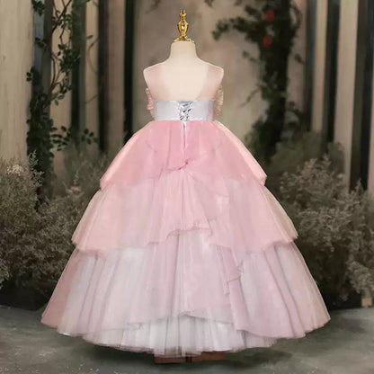 Pink A-line Flower Girl Dress with Flowers & Ruffles