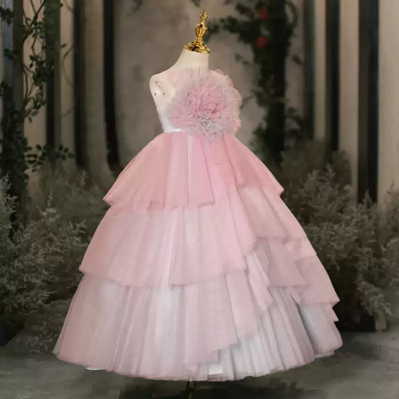 Pink A-line Flower Girl Dress with Flowers & Ruffles