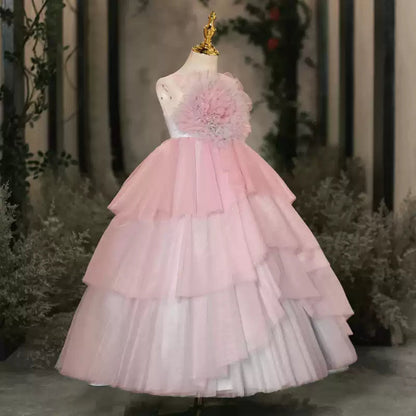 Pink A-line Flower Girl Dress with Flowers & Ruffles