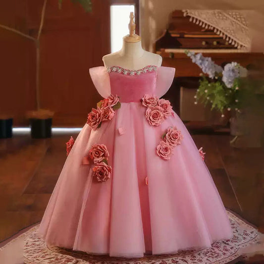 Pink A-Line Flower Girl Dress with Flowers and Beading