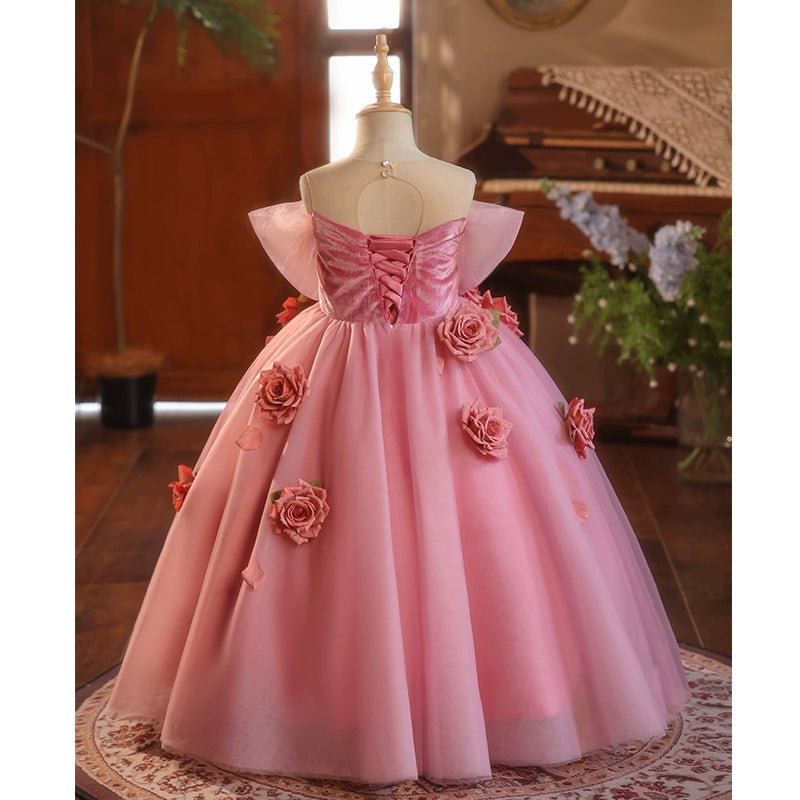 Pink A-Line Flower Girl Dress with Flowers and Beading