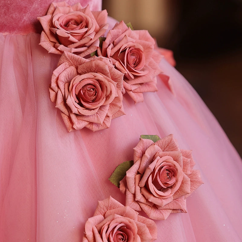 Pink A-Line Flower Girl Dress with Flowers and Beading