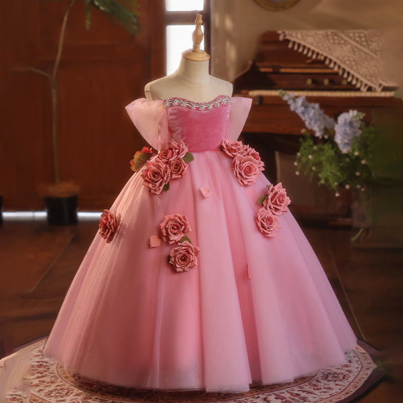 Pink A-Line Flower Girl Dress with Flowers and Beading