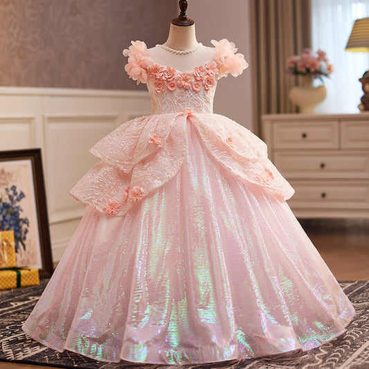 Pink A-Line Flower Girl Dress with Lace Flowers & Cap Sleeves