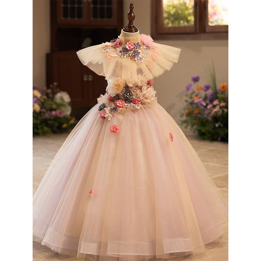 Pink A-Line Flower Girl Dress with Lace Flowers & Tulle