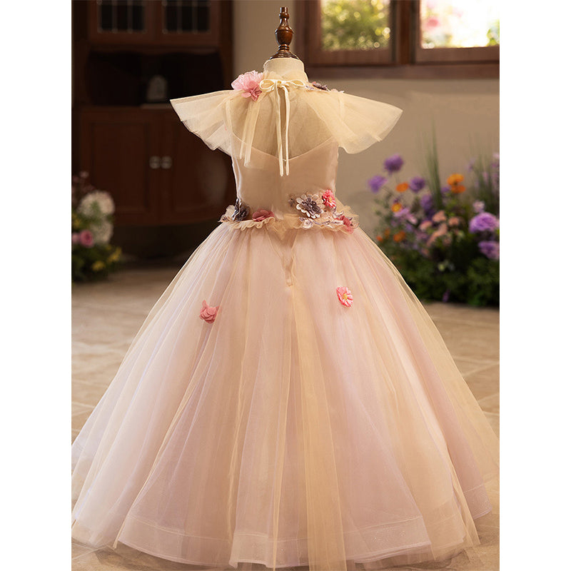 Pink A-Line Flower Girl Dress with Lace Flowers & Tulle